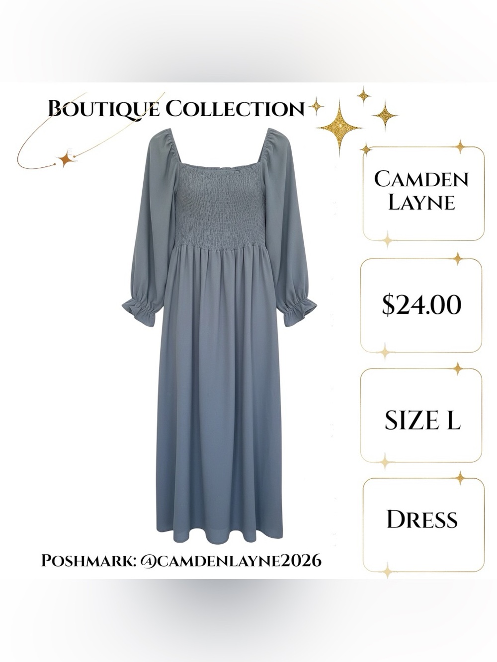 Camden Layne Smocked Square-Neck Midi Dress in Dusty Blue - Picture 4 of 7